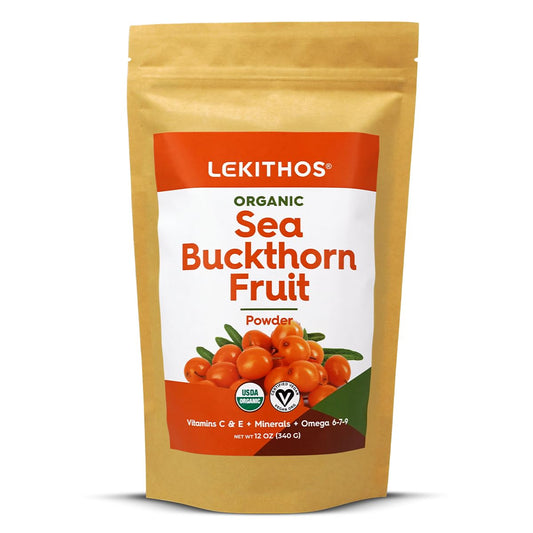 Lekithos Sea Buckthorn Powder jar showing rich amber color for antioxidant use