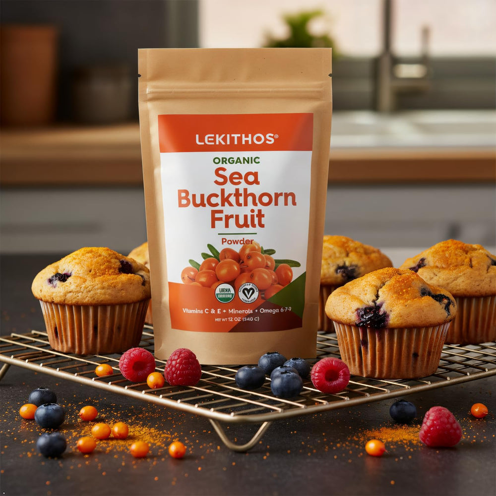 Lekithos Sea Buckthorn Powder label highlights USDA Organic and vegan purity