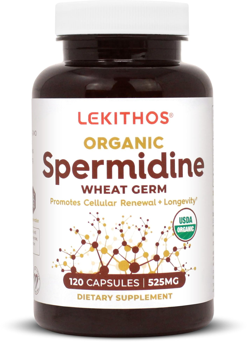 Lekithos spermidine capsules bottle on shelf, daily supplement for healthier aging.