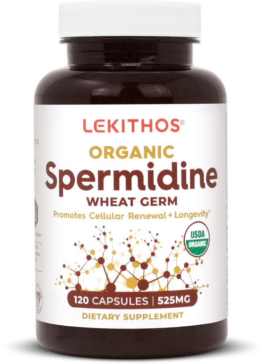 Lekithos spermidine capsules bottle on shelf, daily supplement for healthier aging.
