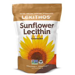 Lekithos sunflower lecithin granules bottle pour for convenient allergen-free supplementation