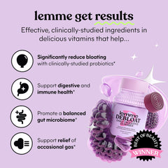 Lemme Debloat bottle back label shows probiotic strains and ingredients for gut health.