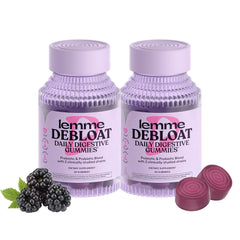 Lemme Debloat bottle front emphasizes blackberry flavor and daily gut support.