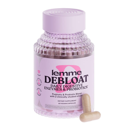 Lemme Debloat digestive enzymes bottle shown for convenient daily gut support.