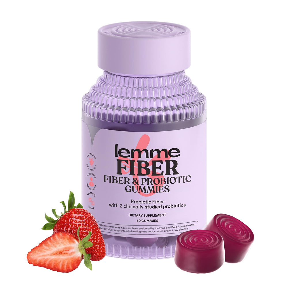Lemme Fiber & Probiotic Gummies bottle front, no sugar added.