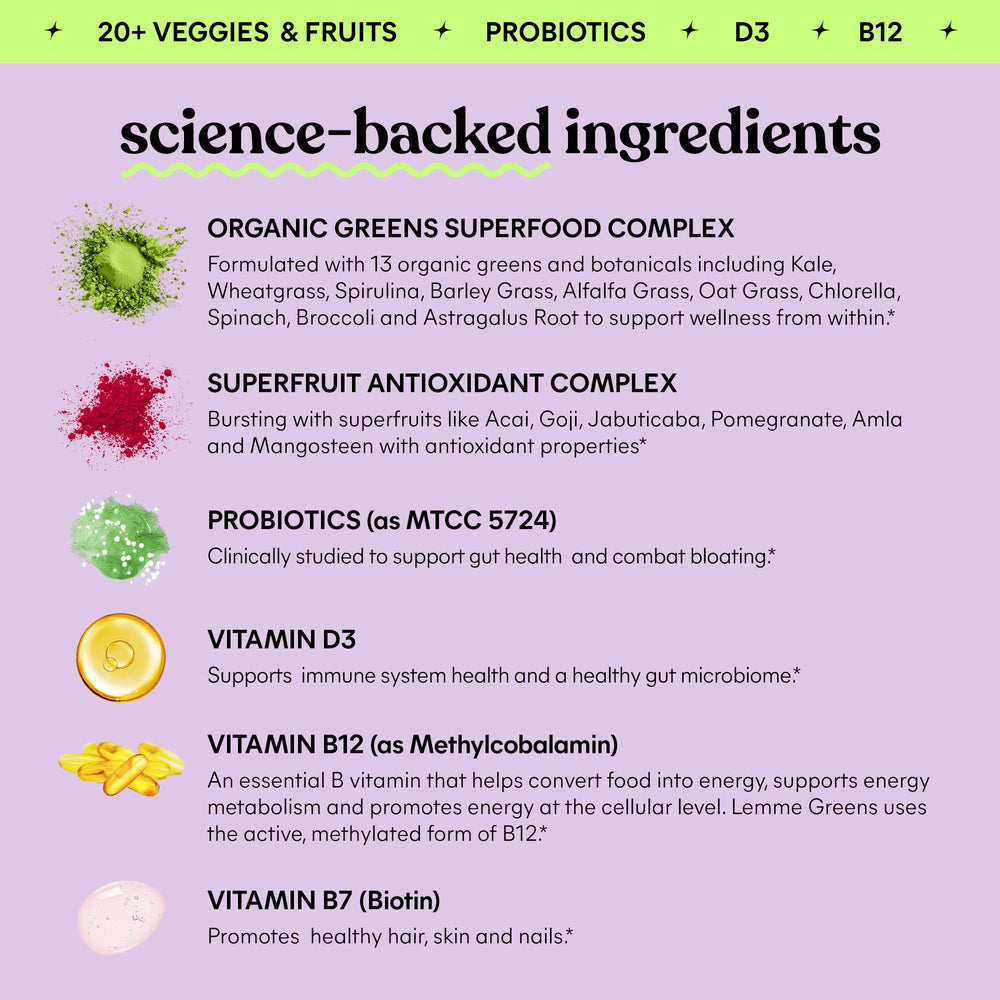 Lemme Greens Gummies close-up shows berry texture and soft chew for daily vitality.