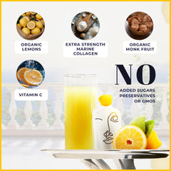 LEMON & CO. bottle with water ready to mix for a lemon collagen drink.