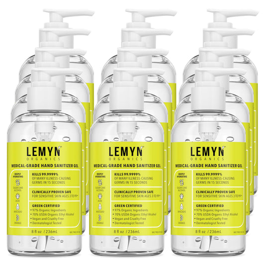 Lemyn Organics hand sanitizer gel 8oz pump bottle for quick germ protection.