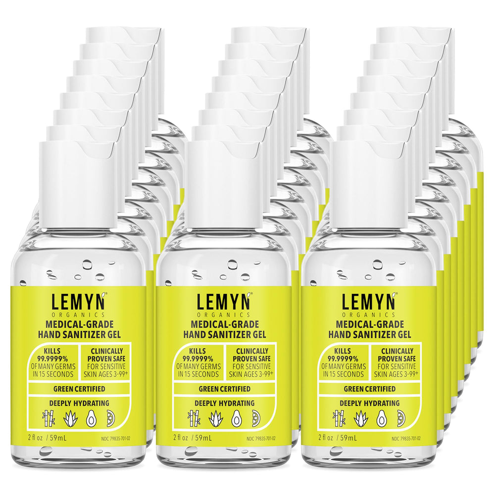 Lemyn Organics hand sanitizer gel bottle front shows 97 percent organic formula for quick sanitizing