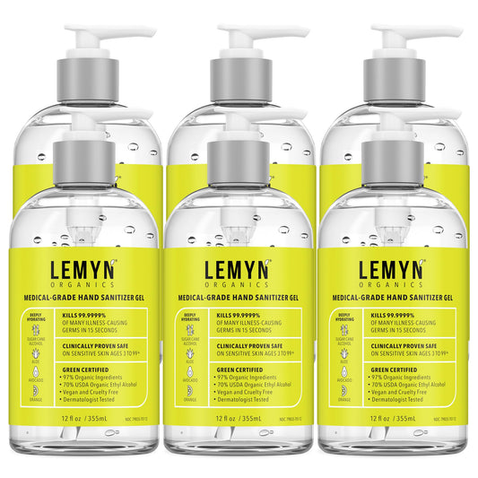 Lemyn Organics hand sanitizer gel bottle front displays branding and clean design for trusted use.
