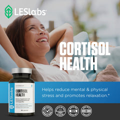 LES Labs Cortisol Health ashwagandha and rhodiola ingredients highlighted for relaxation
