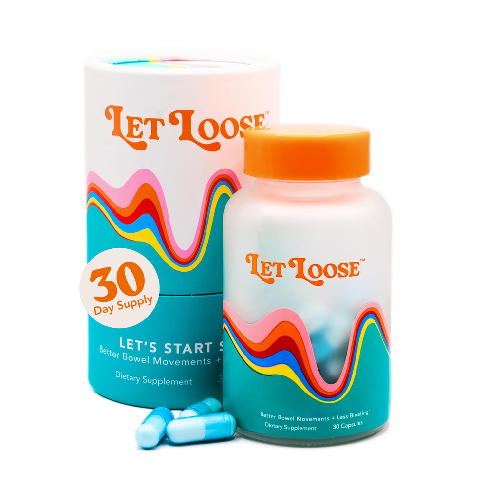 Let Loose daily constipation relief pills bottle in hand, promoting comfortable digestion