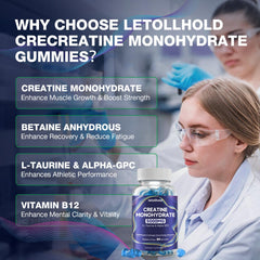 Letollhold creatine gummies blueberry bottle back label with vegan and non-GMO notes.