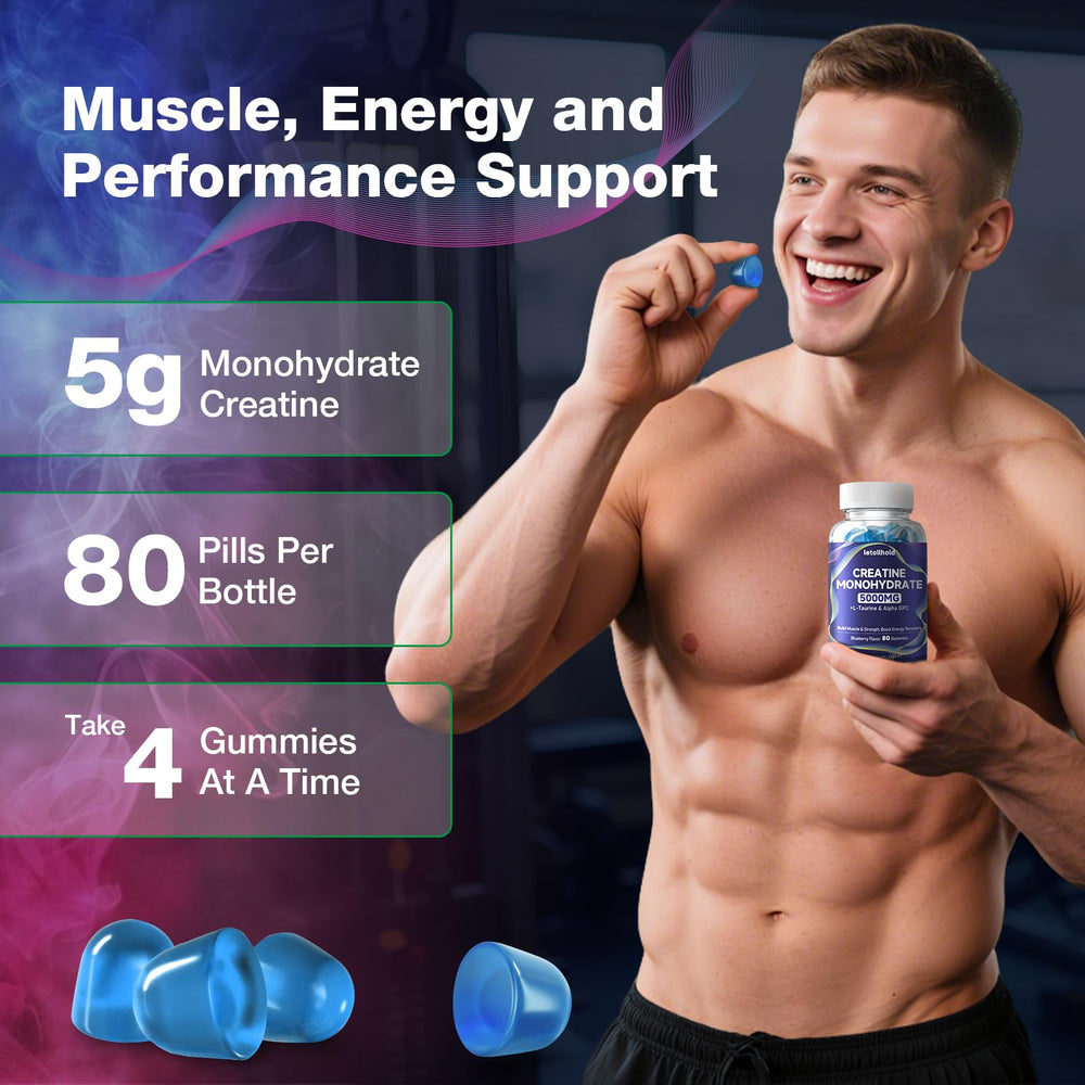 Letollhold creatine gummies blueberry label view highlighting vegan and gluten-free formula.