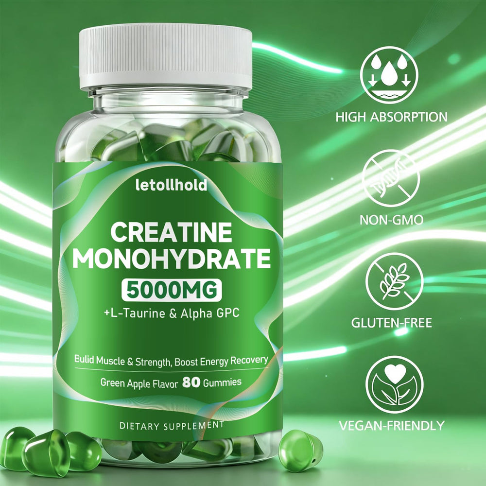 Letollhold Creatine Gummies bottle with glass and gummies for post-workout energy