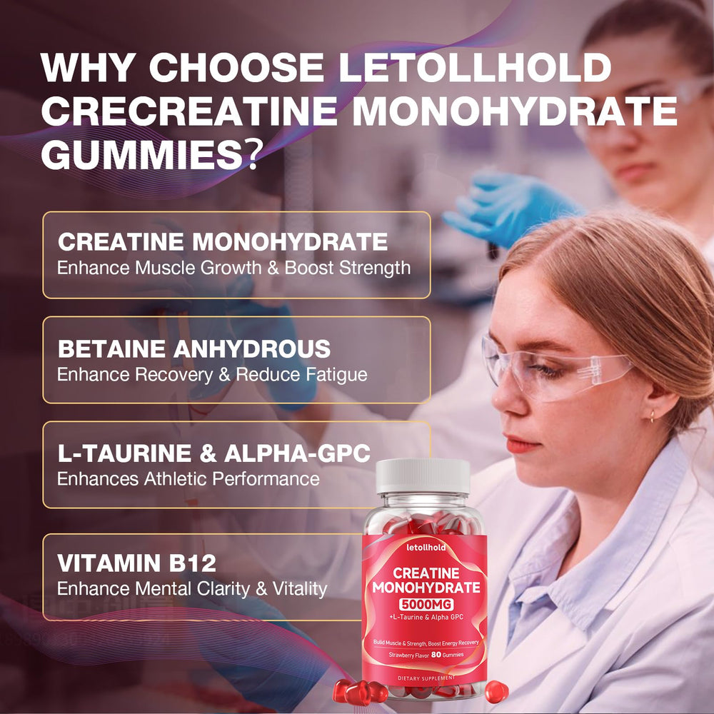 Letollhold Creatine Gummies strawberry chewy texture ideal for workouts.