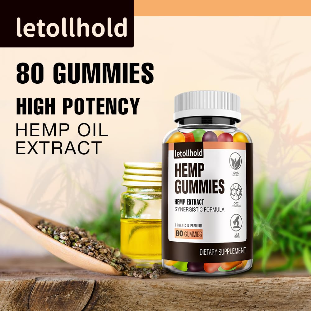 Letollhold hemp gummies bottle close-up highlighting pure hemp extract for natural support