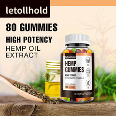 Letollhold hemp gummies bottle close-up highlighting pure hemp extract for natural support