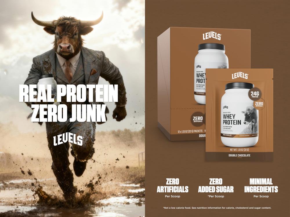 Levels Double Chocolate Whey Scoop - rich flavor for post-workout shakes.