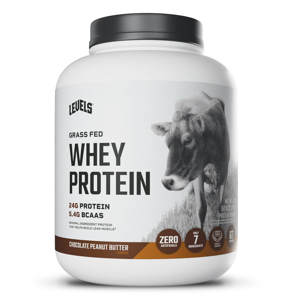 Levels Grass Fed Whey bottle showcases chocolate peanut butter flavor for lean protein