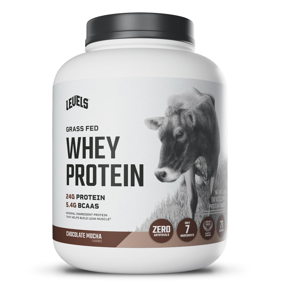 Levels Grass-Fed Whey Chocolate Mocha packaging highlights a clean label for daily protein.
