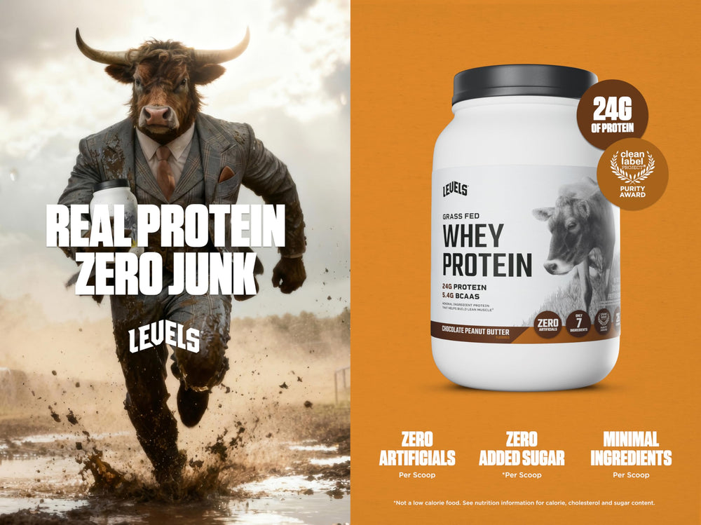 Levels Grass Fed whey ingredients closeup with cacao and peanut for natural flavor.