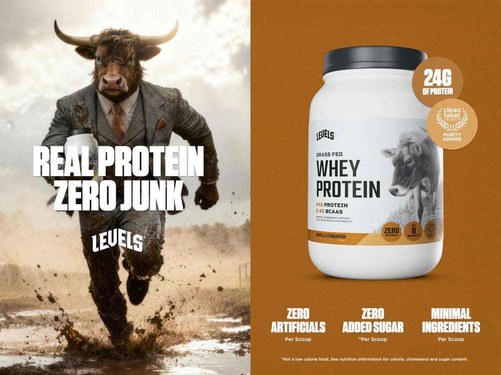 Levels Grass Fed Whey label close-up showing Vanilla Cinnamon flavor.