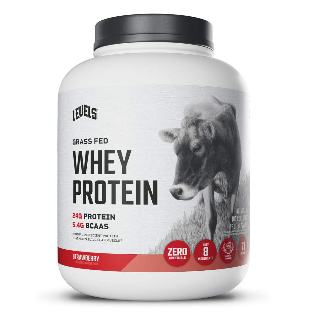 Levels Grass-Fed Whey Strawberry bottle for daily protein needs.