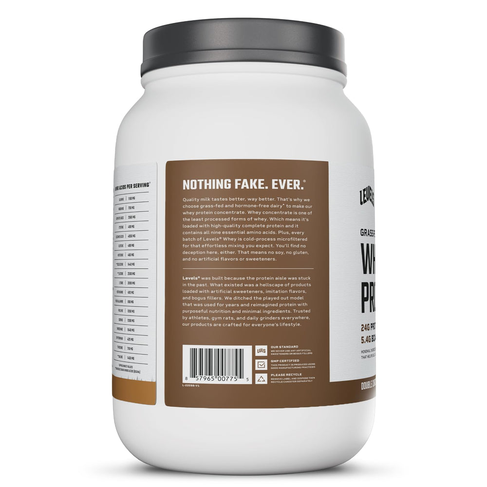 Levels Grass Fed Whey Powder on shelf ready for workouts