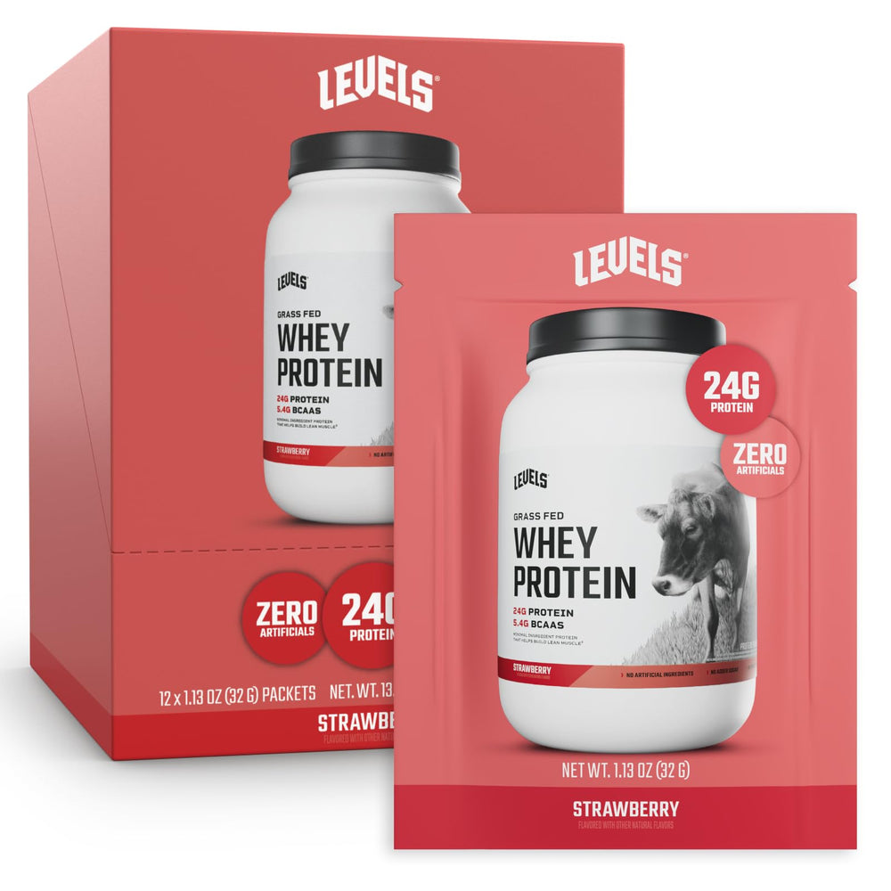 Levels Grass Fed Whey Strawberry tub with scoop, ideal for post-workout recovery.