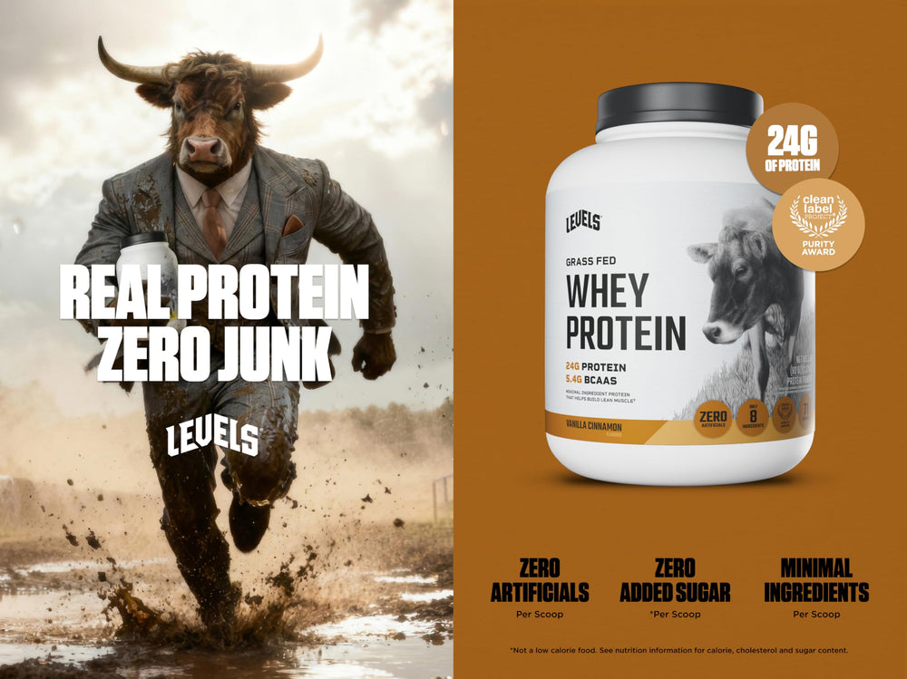 Levels Grass Fed Whey Vanilla Cinnamon scoop ready for a quick shake after training.