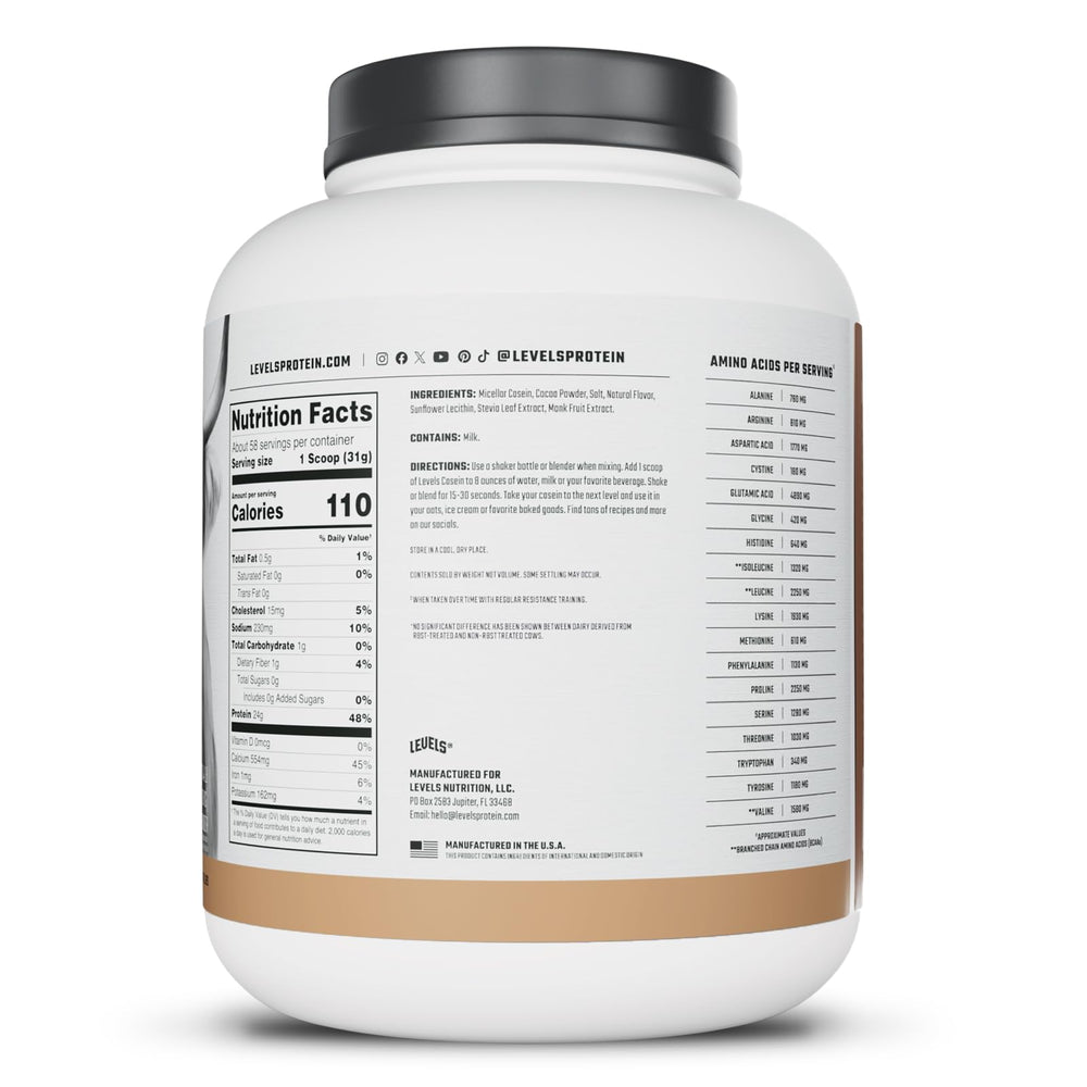 Levels Nutrition chocolate casein serving ready demonstrates convenient protein option