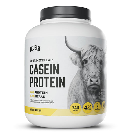 Levels Vanilla Bean Casein bottle on counter, hormone-free protein.