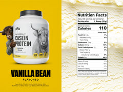 Levels Vanilla Bean Casein powder scoop by glass, smooth mixing.