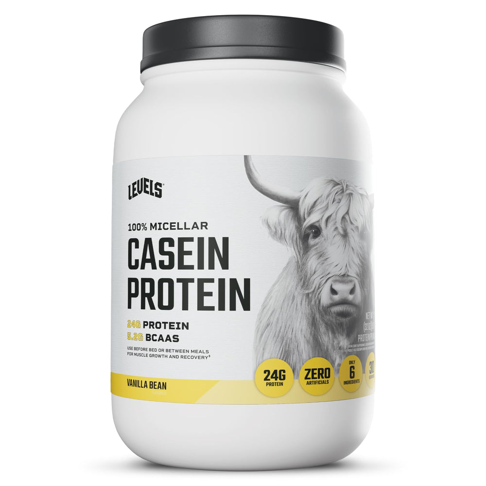 Levels Vanilla Bean Casein powder—creamy texture for steady protein support.