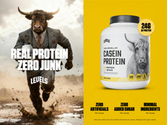 Levels Vanilla Bean Casein scoop beside shaker for easy daily protein.