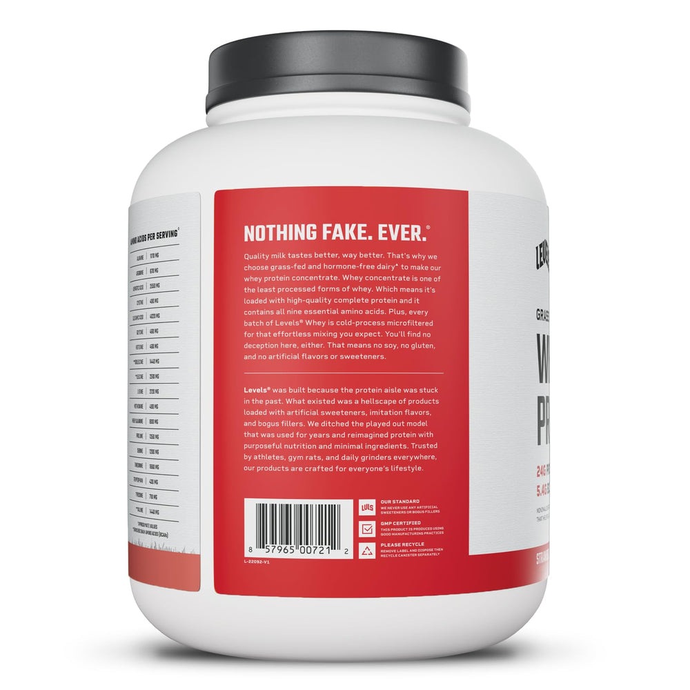 Levels Whey packaging front communicates clean nutrition.