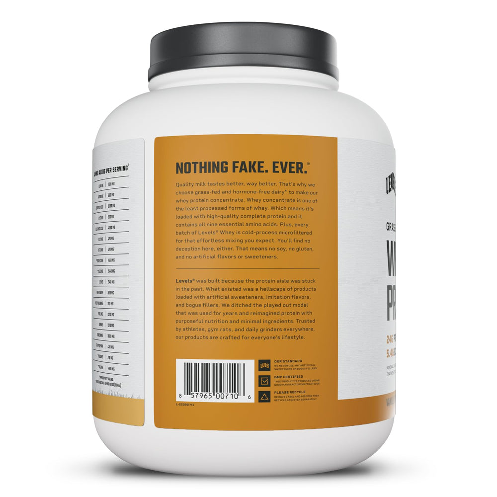 Levels Whey Vanilla Cinnamon bottle on counter suggests everyday use.