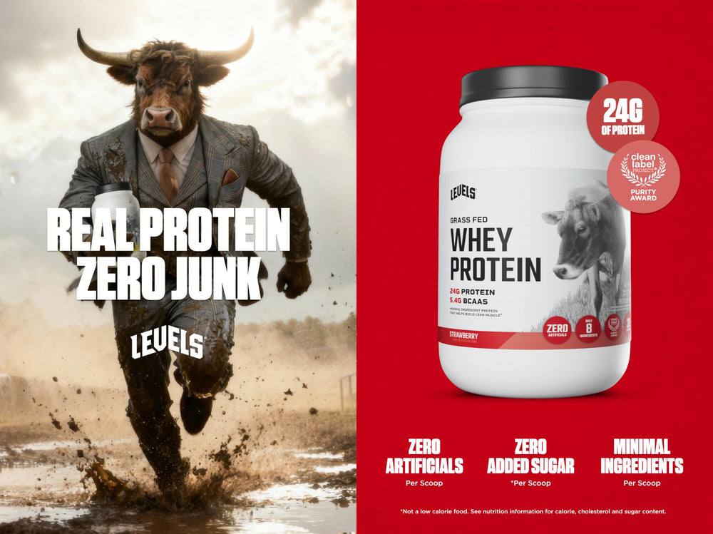Levels whey scoop beside a shaker, showing quick protein mix