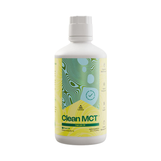 LevelUp C8 MCT Oil bottle pouring, for steady energy in daily routines.