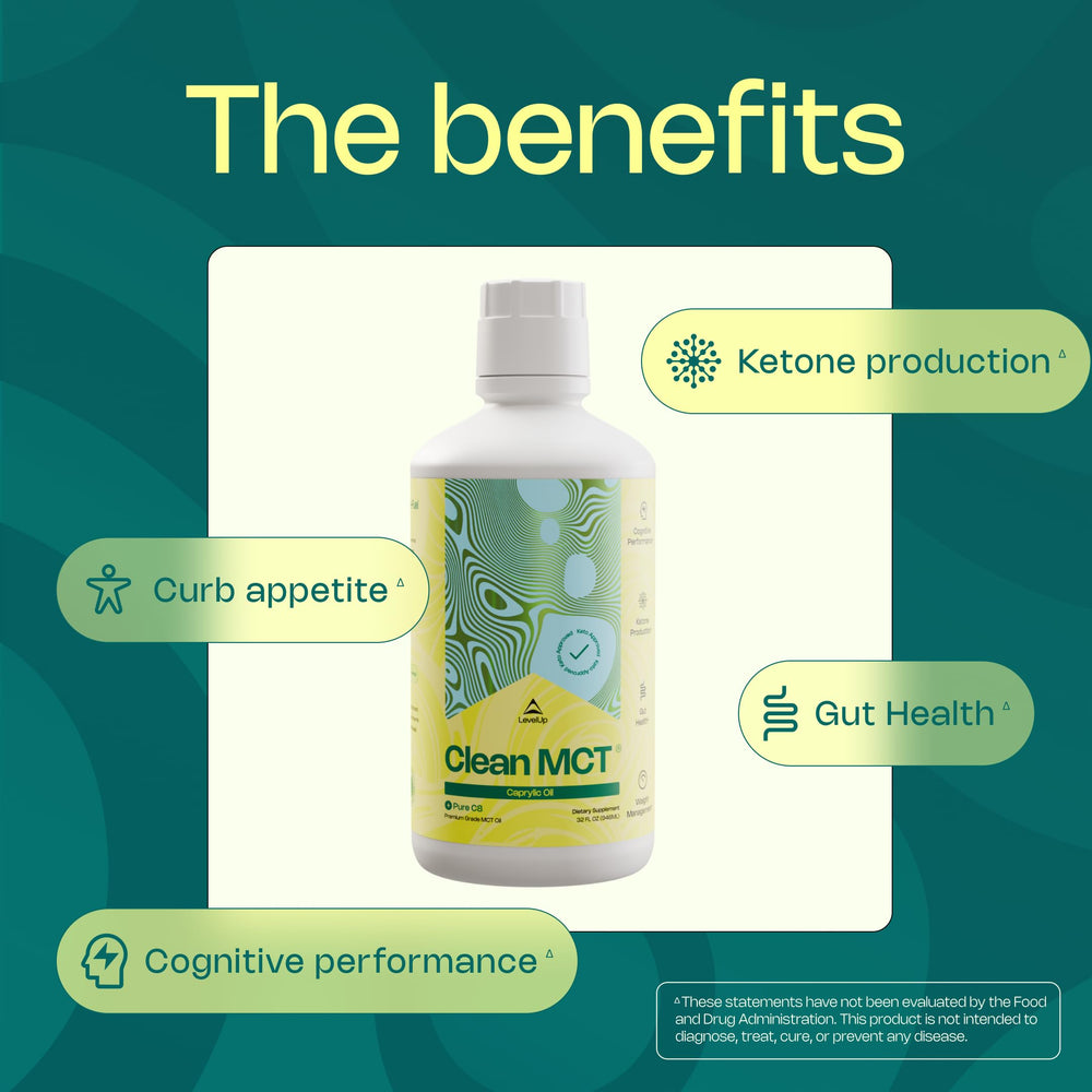 LevelUp C8 MCT Oil label closeup highlighting 100% pure caprylic acid.