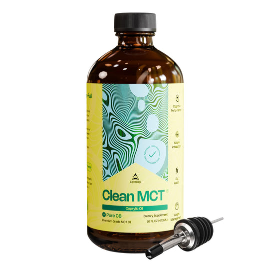 LevelUp C8 MCT Oil bottle closeup showing pure caprylic energy support