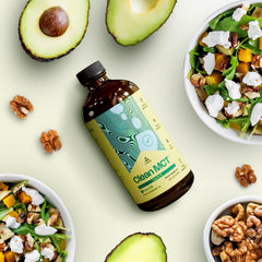 Glass bottle with LevelUp C8 MCT Oil emphasizes purity and quality