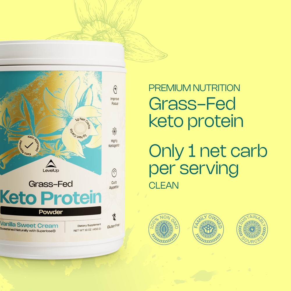 LevelUp Keto Protein whey isolate scoop demonstrates convenient measurement.