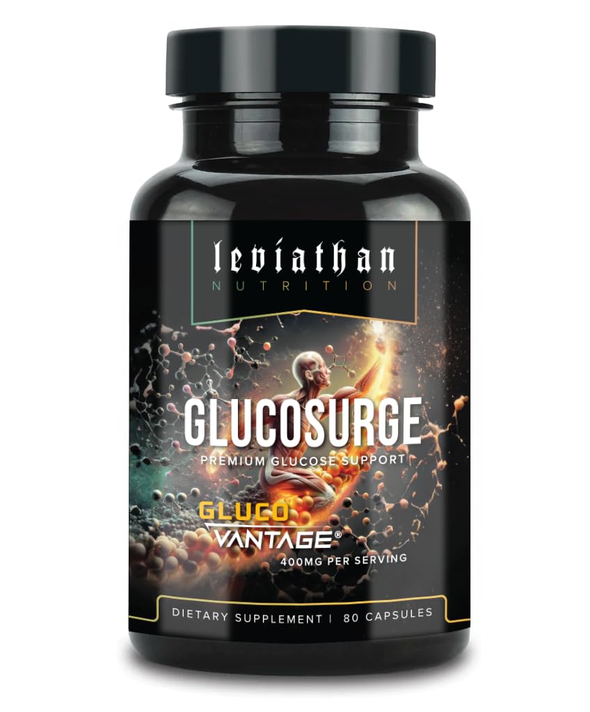 Leviathan GlucoSurge bottle front featuring GlucoVantage for daily balance support.