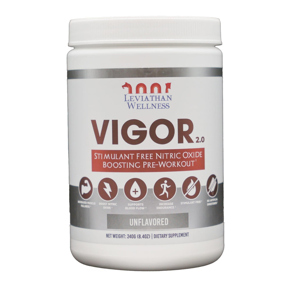 Leviathan Wellness Vigor V2 bottle front, stimulant-free pre-workout formula.