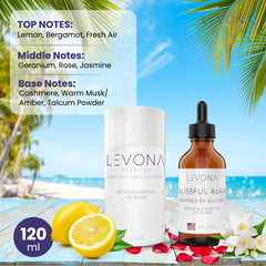 Levona Scent Blissful Aura bottle closeup highlights pure essential oils for refined home fragrance.