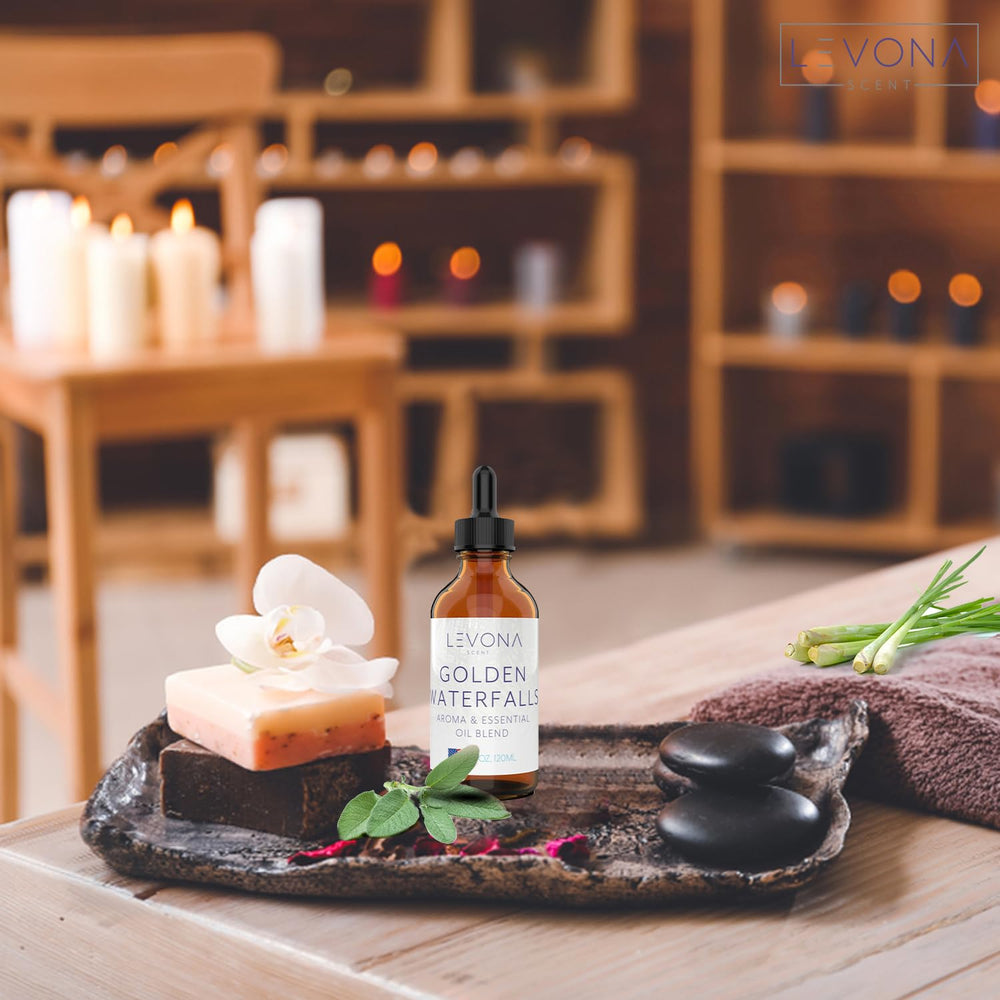 Levona Scent diffuser setup with Golden Waterfalls creating a spa-like ambiance.