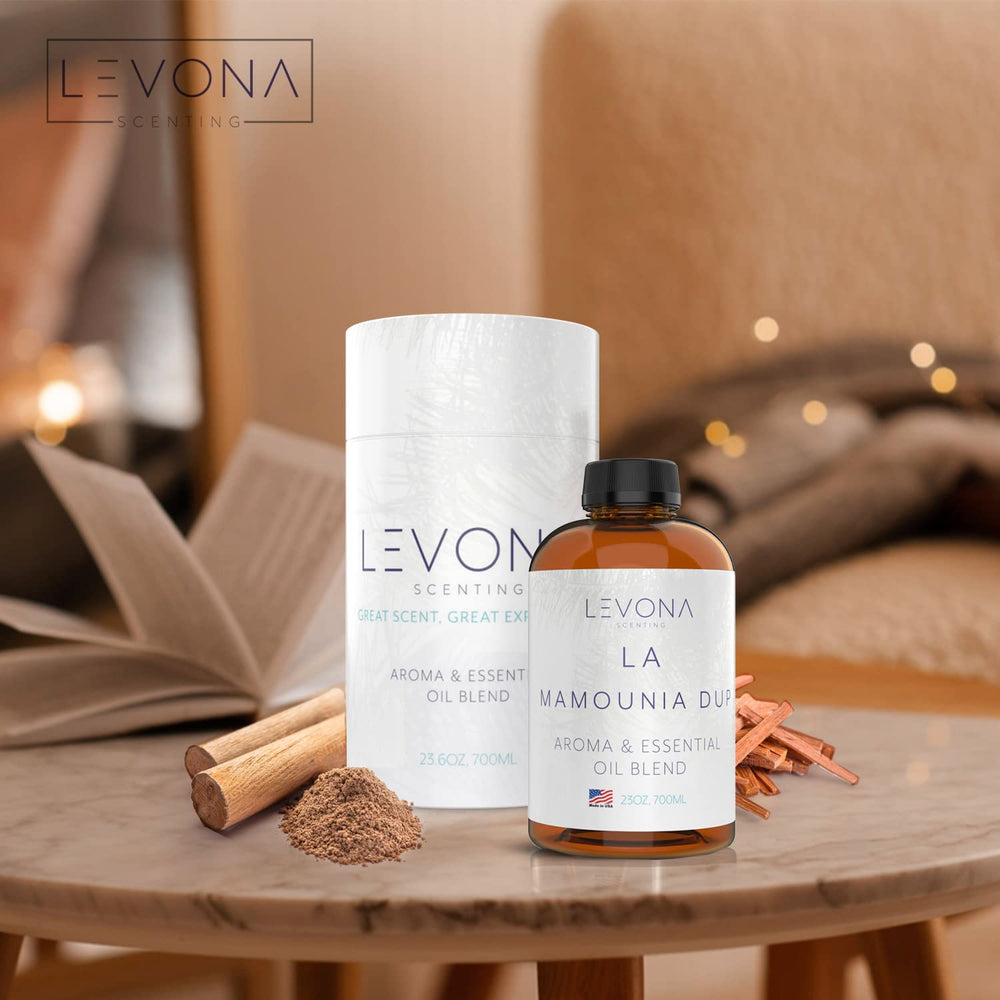 LEVONA SCENT La Mamounia Dup diffuser-ready bottle sits next to diffuser, promising easy setup.