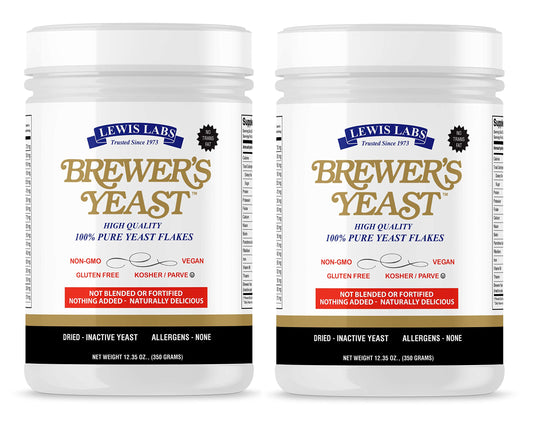 Lewis Labs Brewer's Yeast Flakes bottle highlights vegan protein and amino acids for daily wellness.